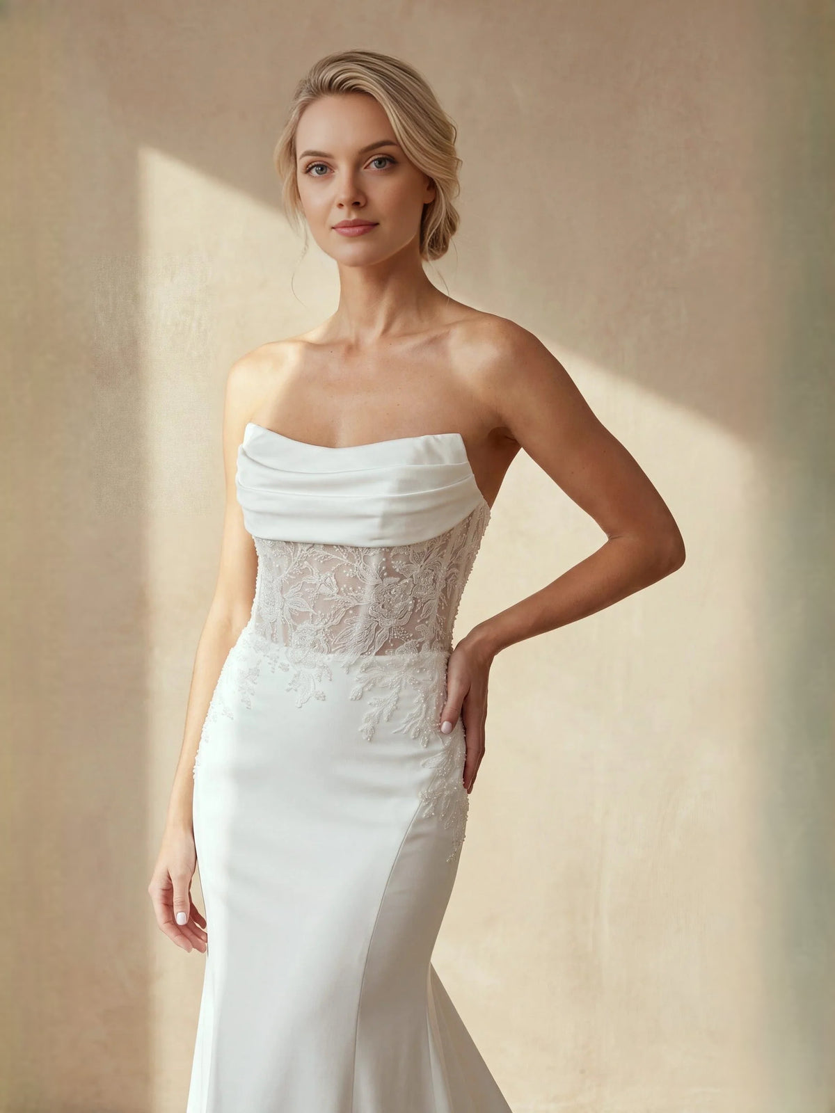 Ivory floor-length wedding dress, alternate view showing the full-length profile