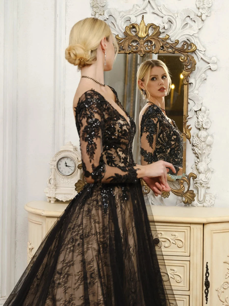 Black floor-length wedding dress, alternate view showing the full-length profile
