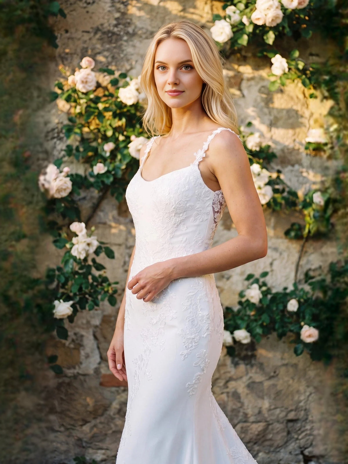 Ivory floor-length wedding dress, alternate view showing the full-length profile