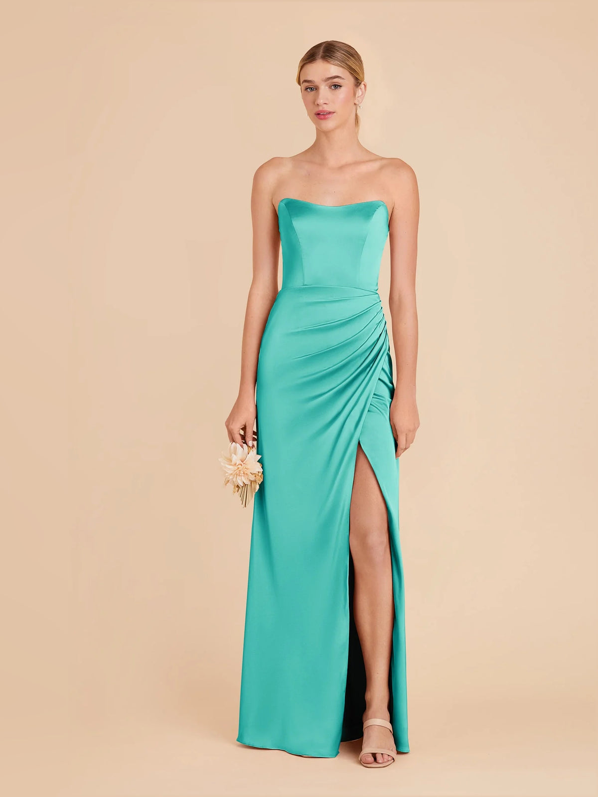 Turquoise maxi bridesmaid dress, alternate view showing the full-length profile