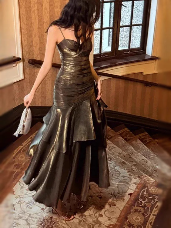 Chocolate maxi prom dress, alternate view showing the full-length profile