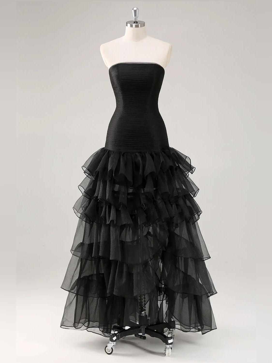 Black high-low prom dress, alternate view showing the full-length profile