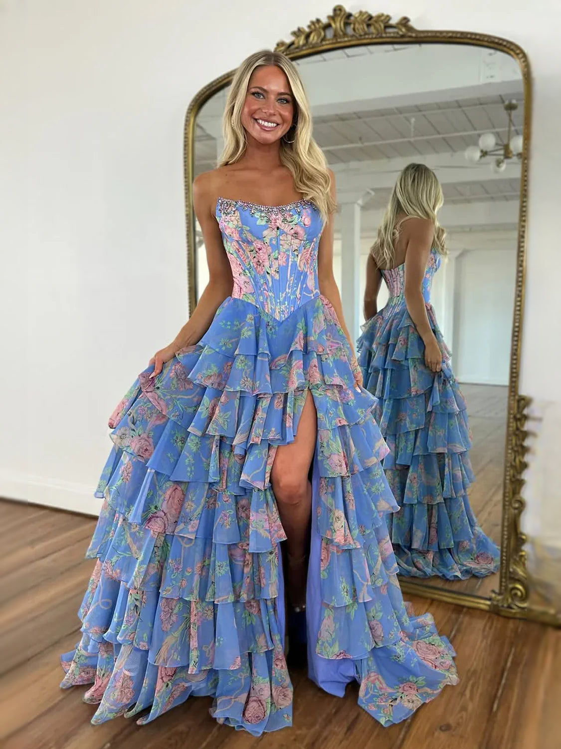 Blue maxi prom dress, alternate view showing the full-length profile