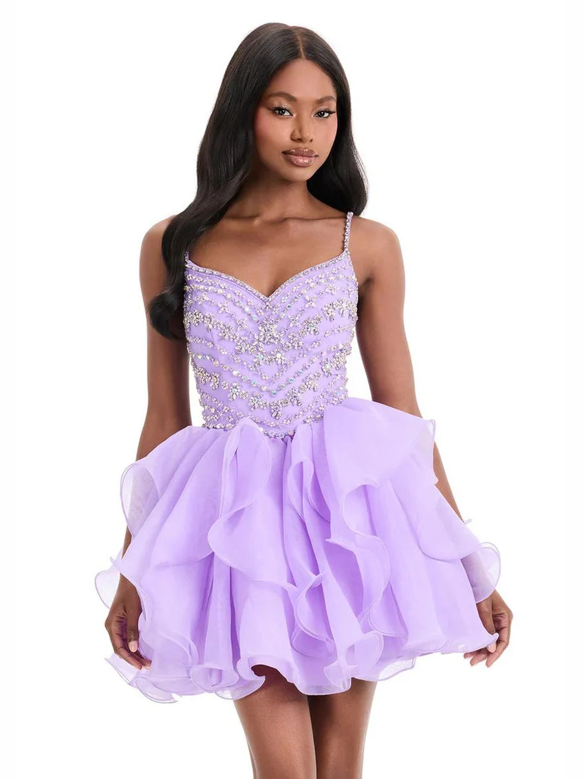 Lilac mini homecoming dress, alternate view showing the full-length profile