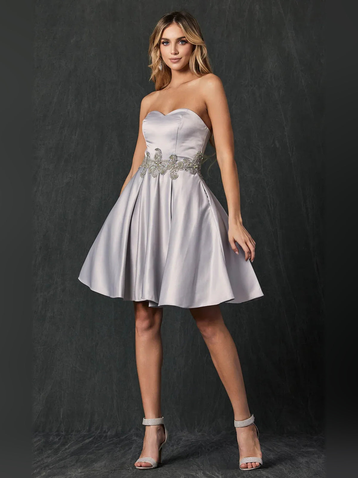 Silver short homecoming dress, alternate view showing the full-length profile