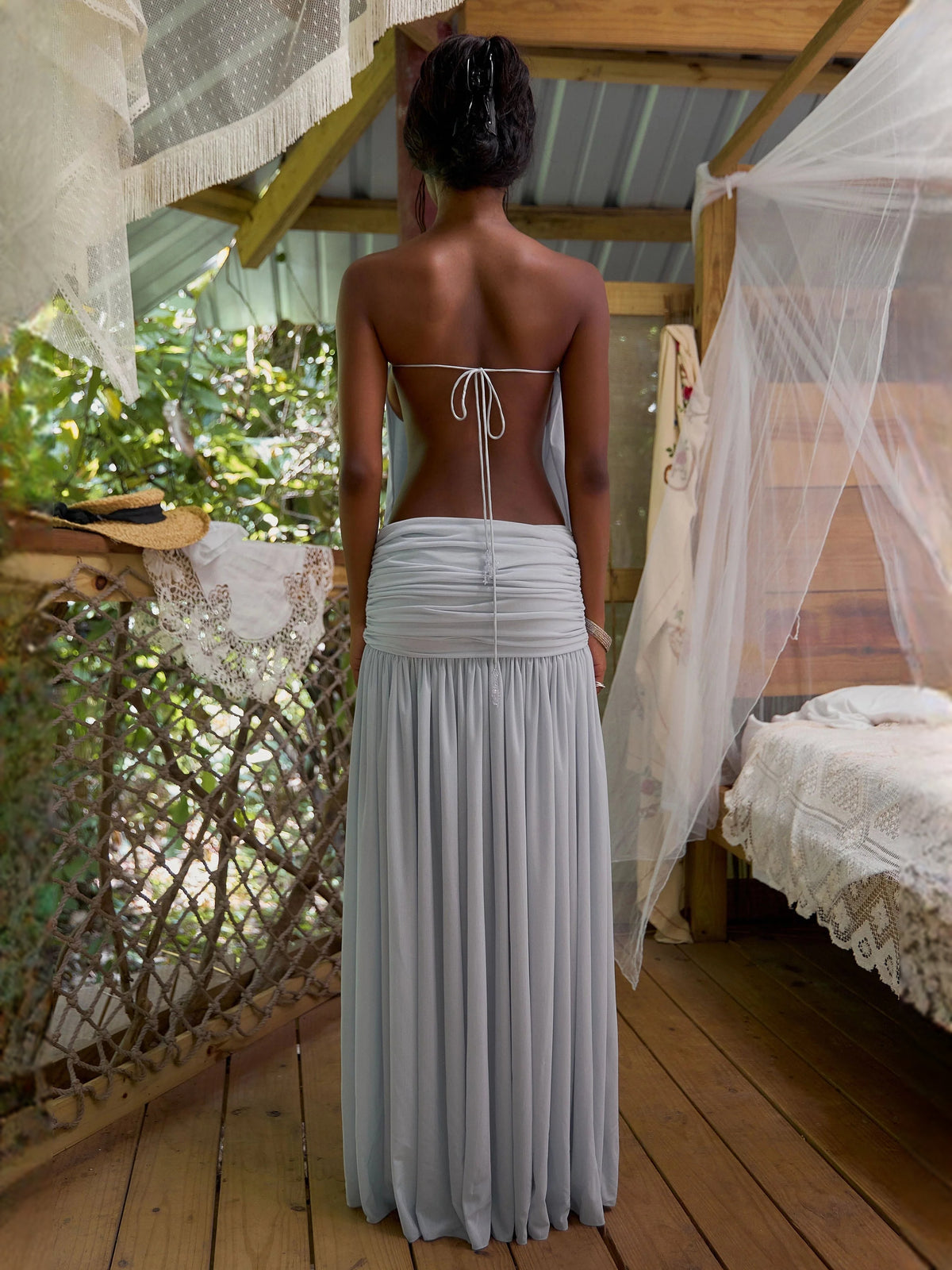 Mist Blue maxi prom dress, alternate view showing the full-length profile