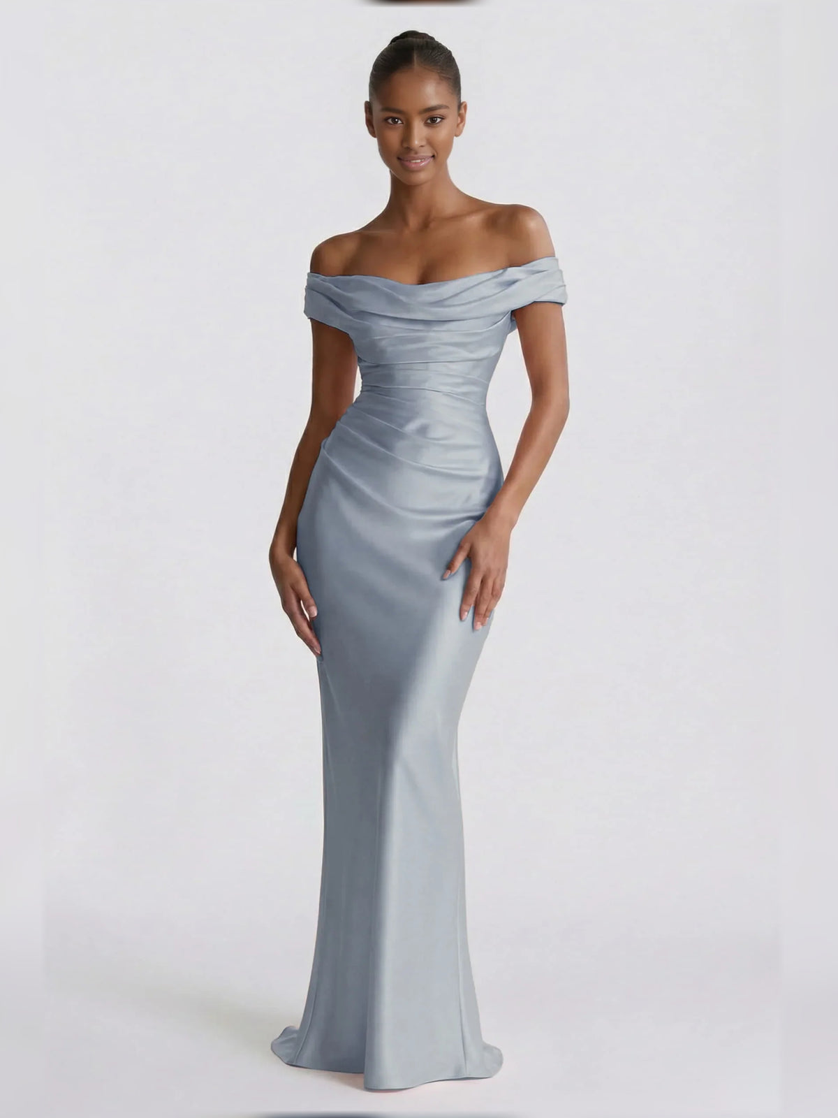Powder Blue sheath floor-length formal dress with corset-style bodice, alternate view