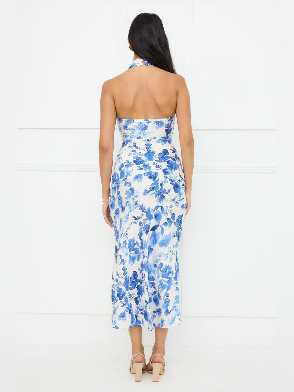 Blue midi formal dress with halter neckline, alternate view showing the hem