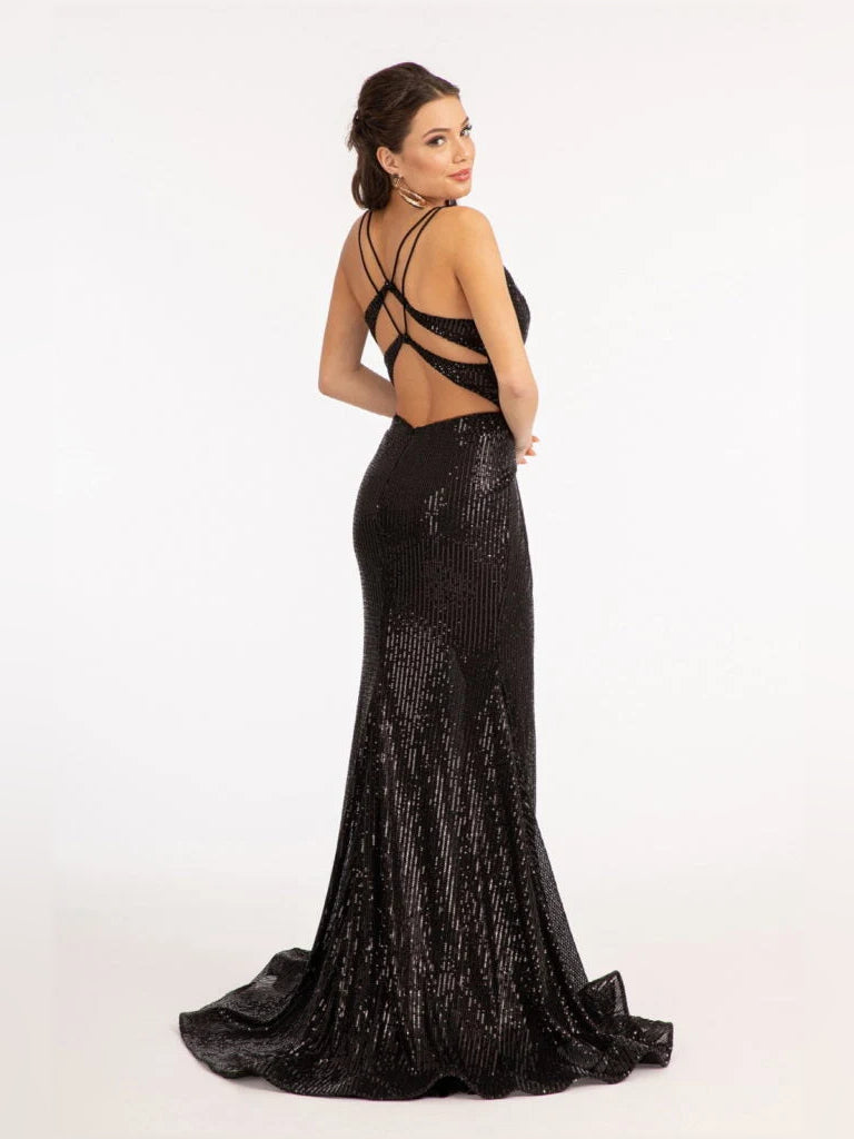 Black floor-length prom dress, alternate view showing the full-length profile
