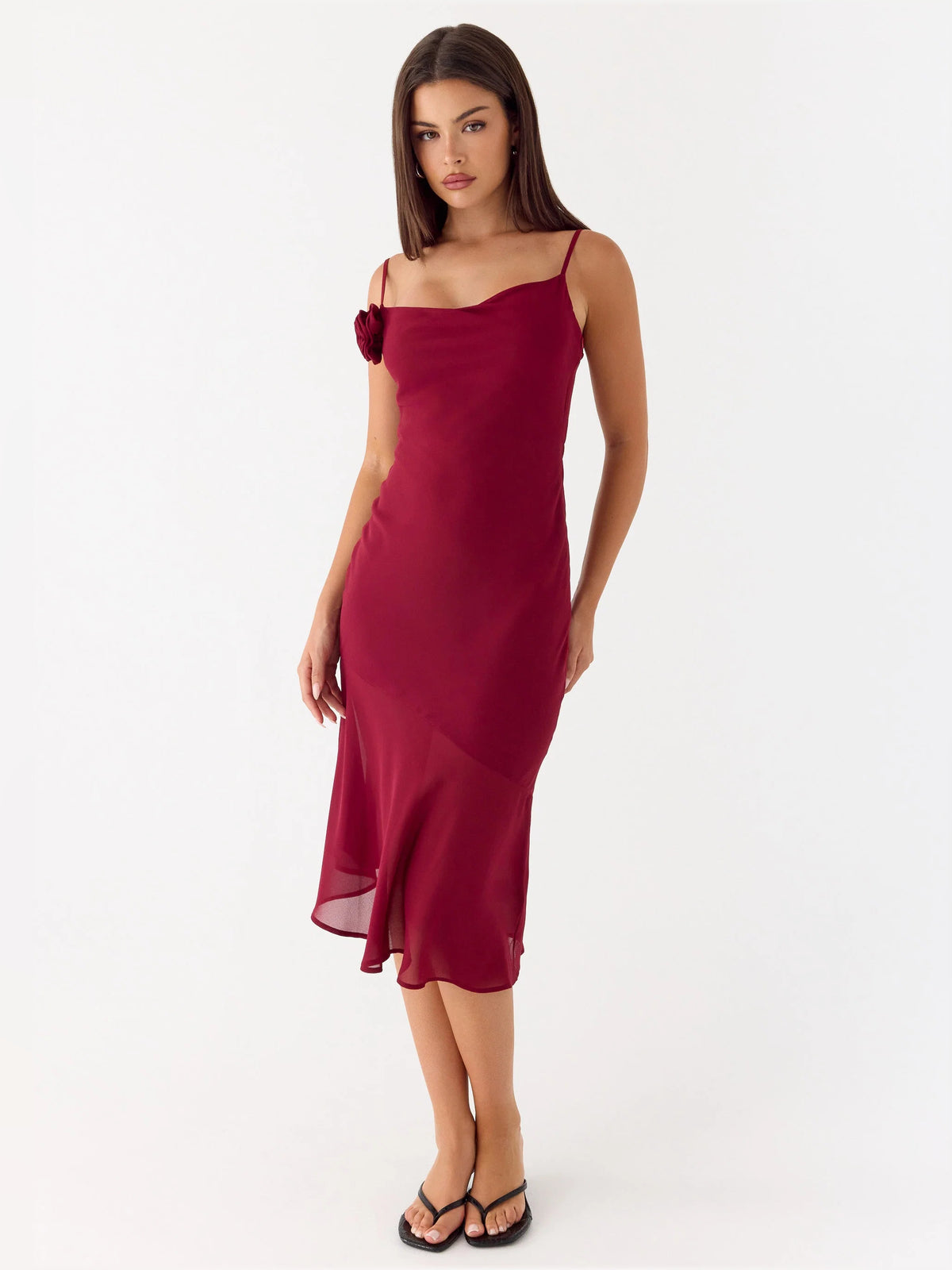 Red midi formal dress, alternate view showing the hem