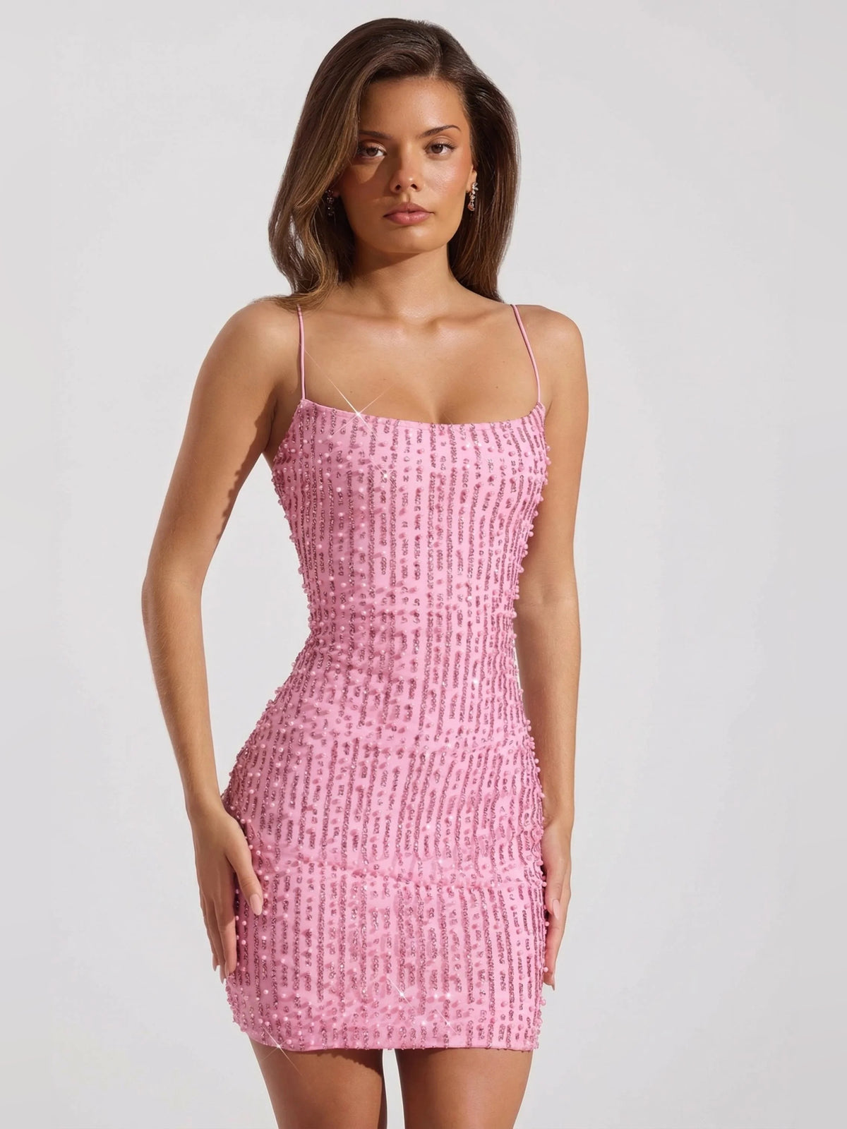 Pink mini homecoming dress, alternate view showing the full-length profile