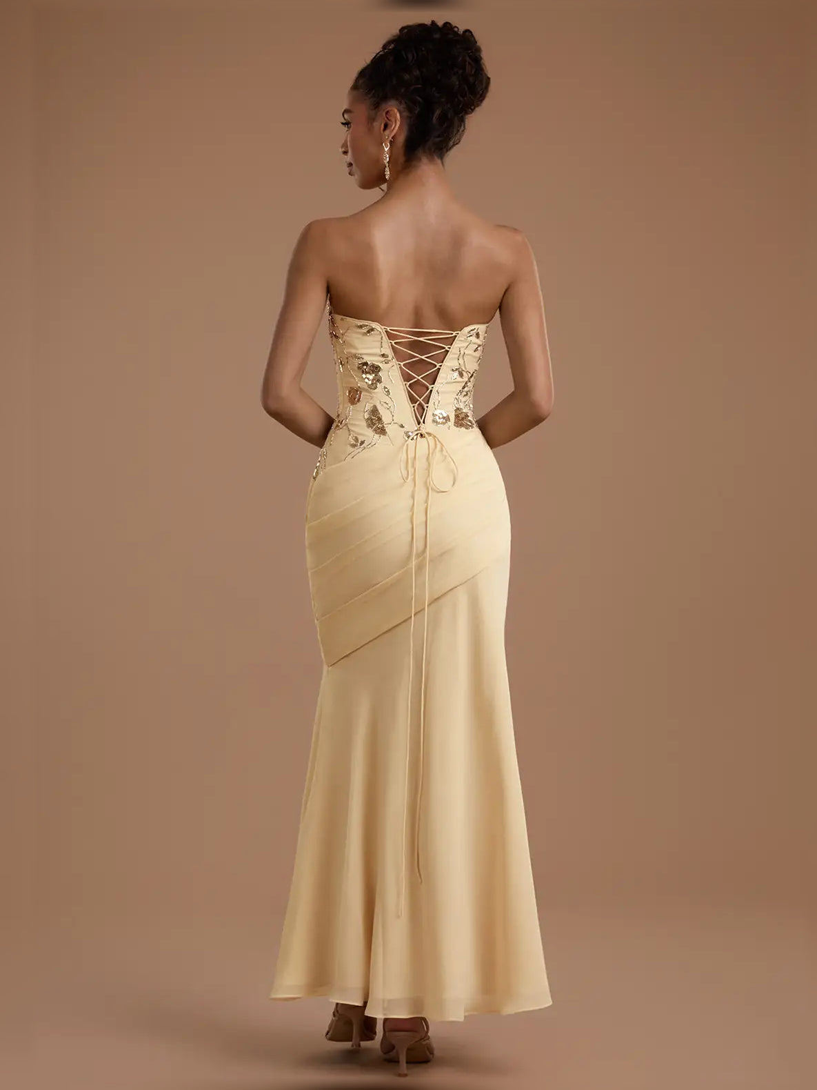 Black sheath midi formal dress with draping, alternate view showing the hem