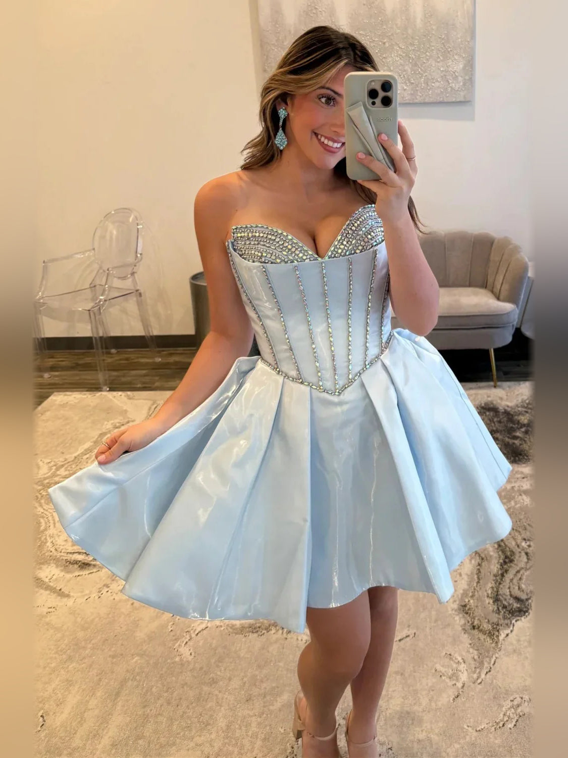 Black short homecoming dress, alternate view showing the full-length profile