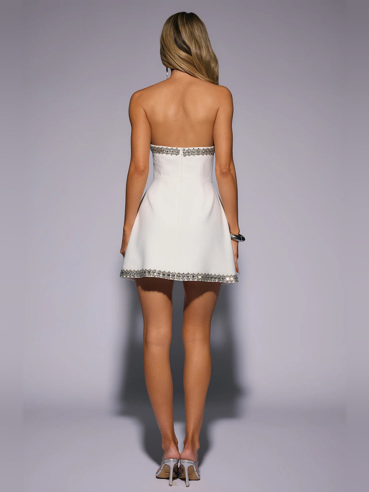 White mini homecoming dress, alternate view showing the full-length profile