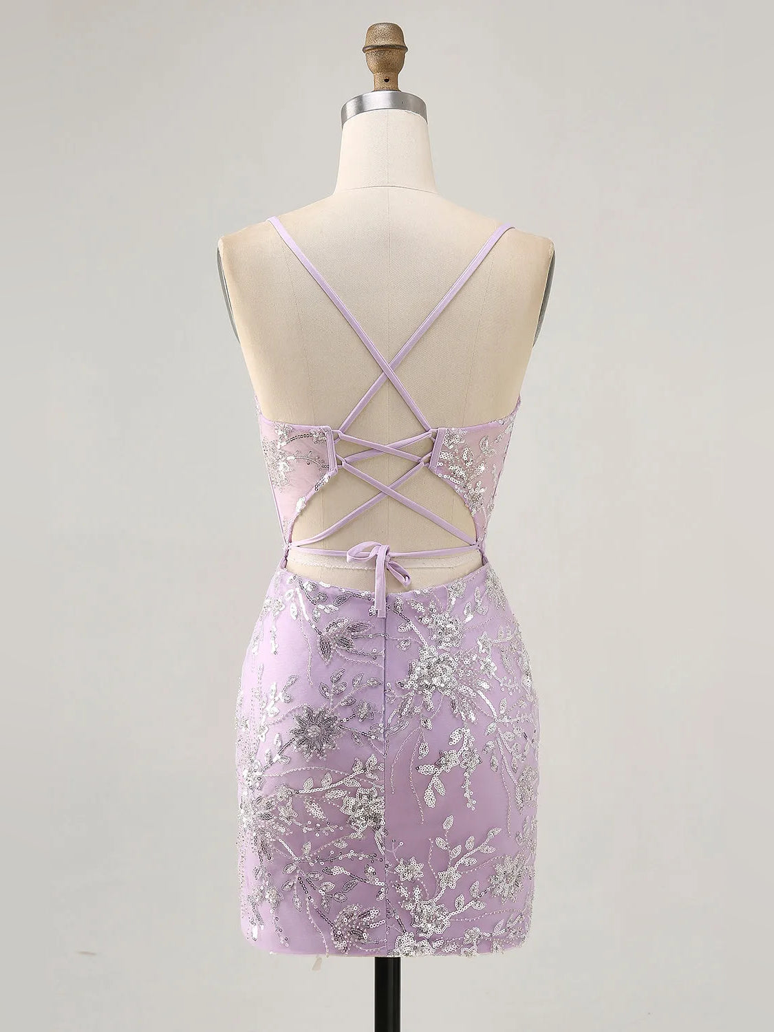 Lilac mini homecoming dress, alternate view showing the full-length profile