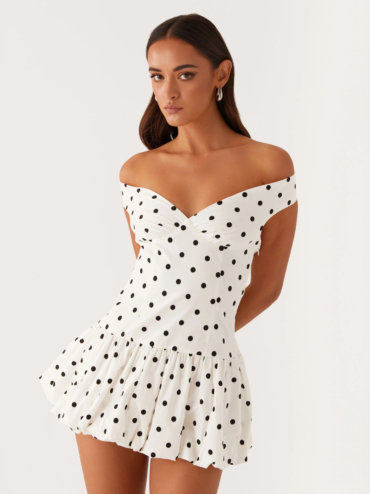 White Polka Dot mini homecoming dress, alternate view showing the full-length profile