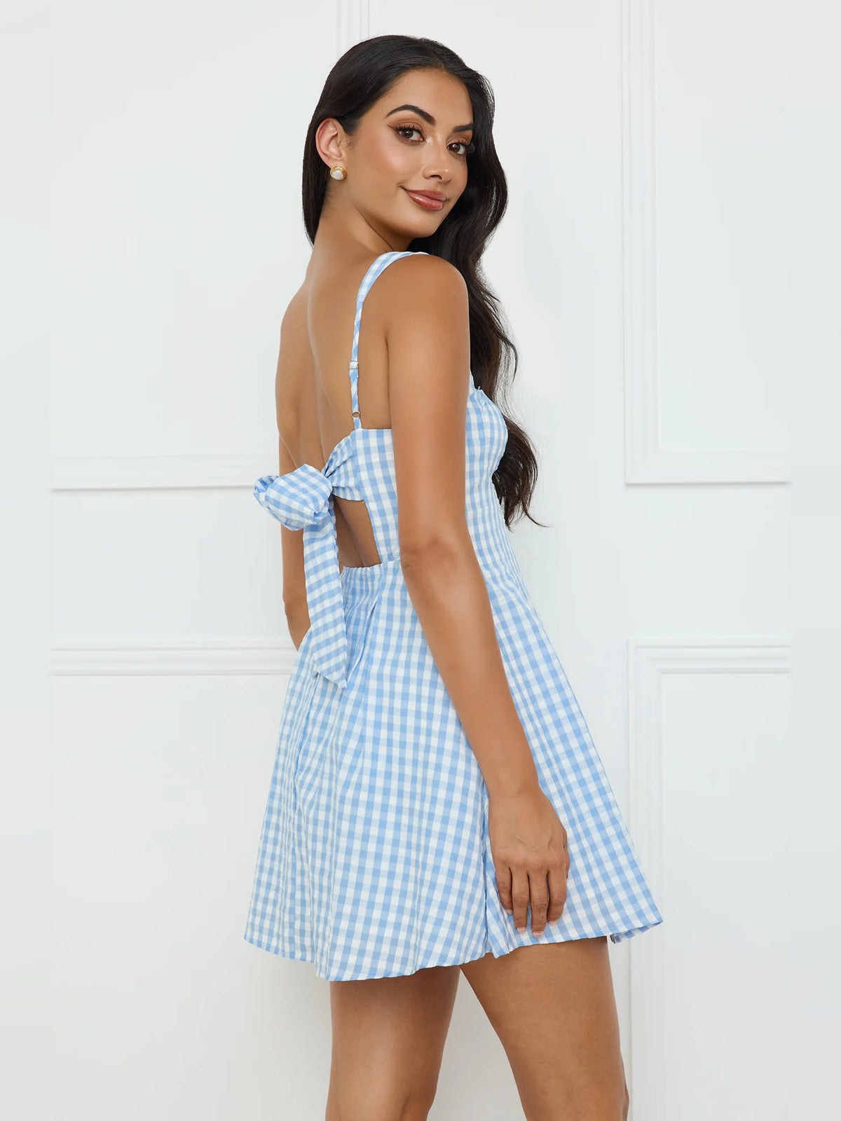 Blue mini homecoming dress, alternate view showing the full-length profile
