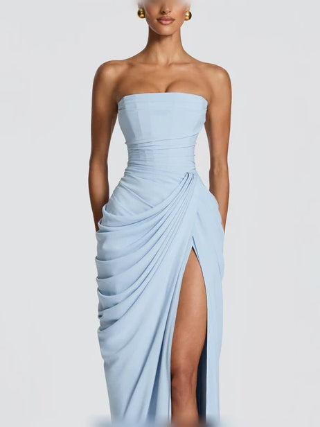 Burgundy a-line floor-length formal dress with skirt slit, alternate view