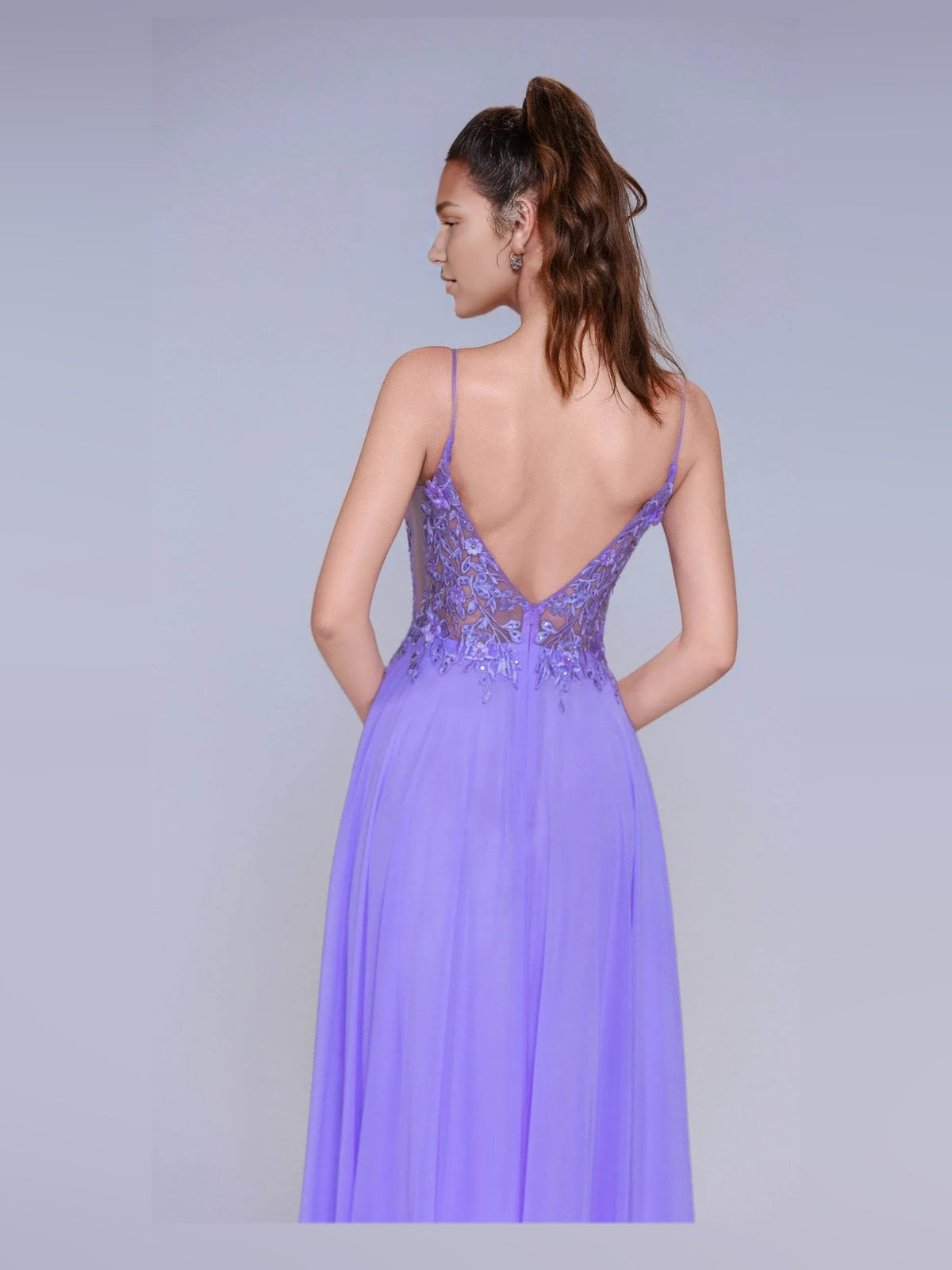Periwinkle floor-length prom dress, alternate view showing the full-length profile