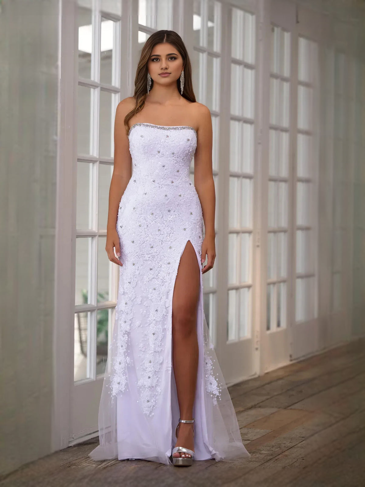 White floor-length prom dress, alternate view showing the full-length profile