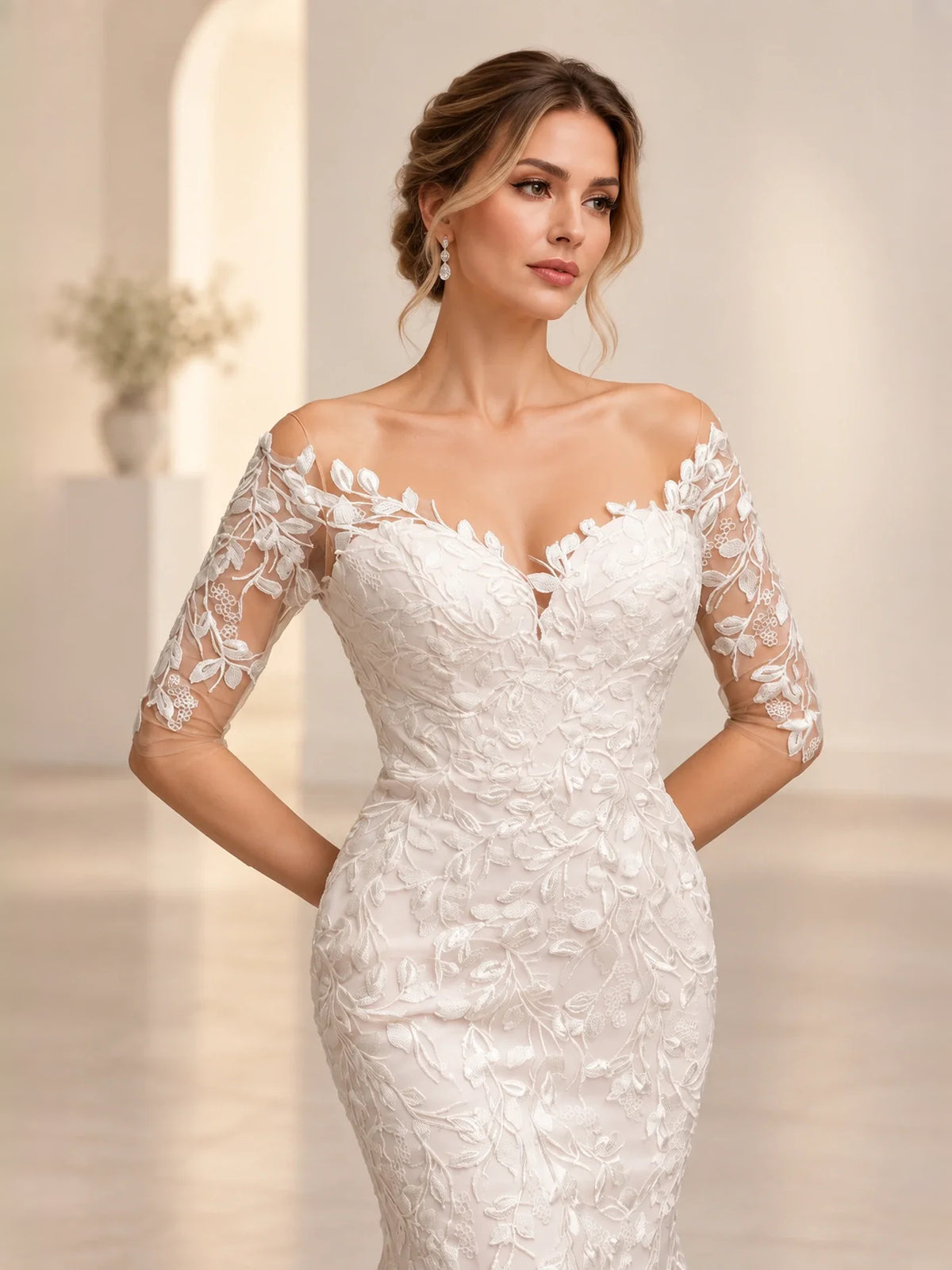 Ivory floor-length wedding dress, alternate view showing the full-length profile