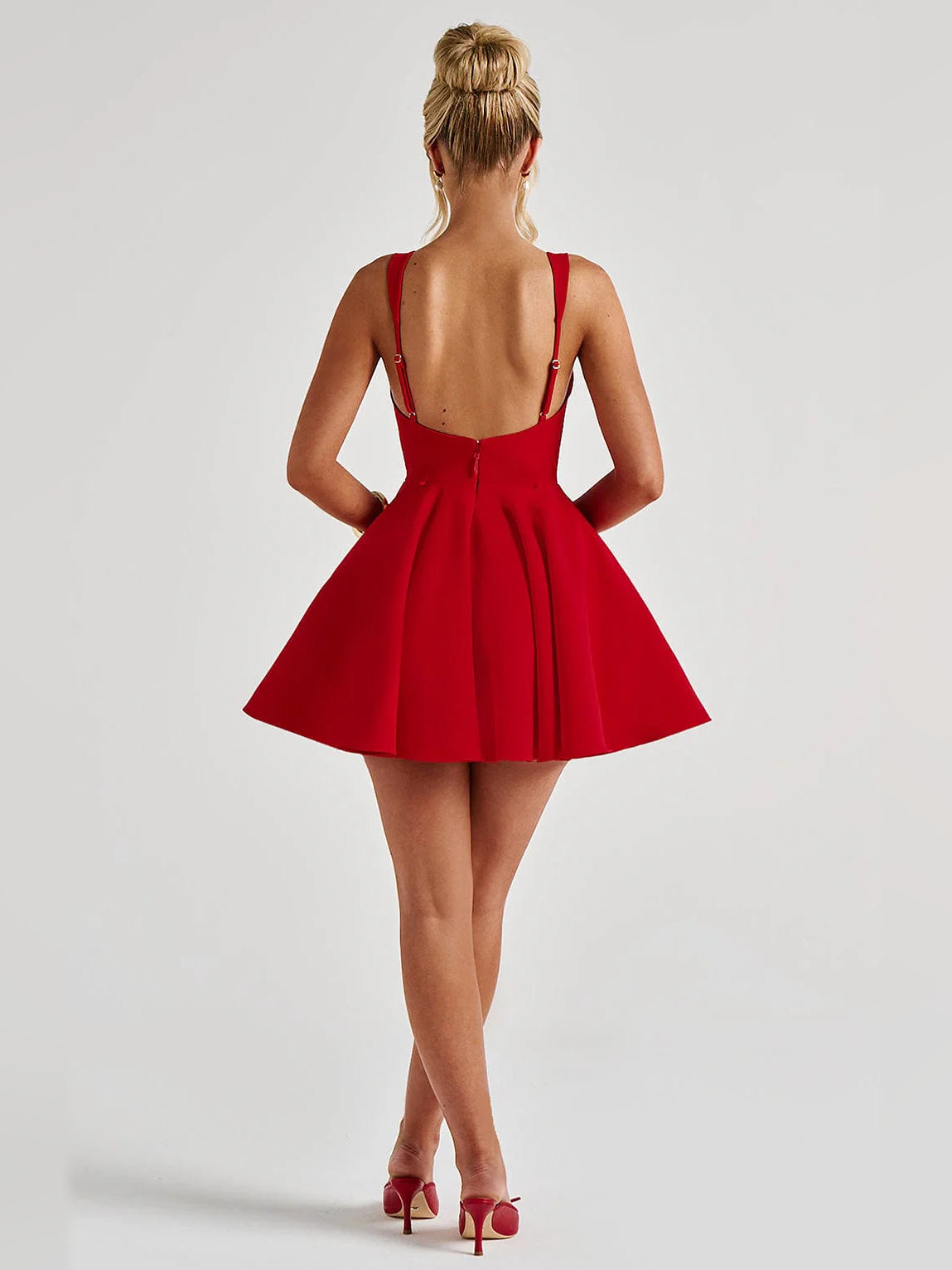 Red mini homecoming dress, alternate view showing the full-length profile