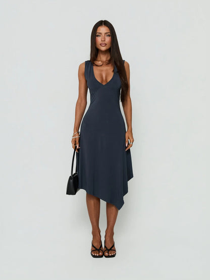 Black midi formal dress with V-neckline, alternate view showing the hem