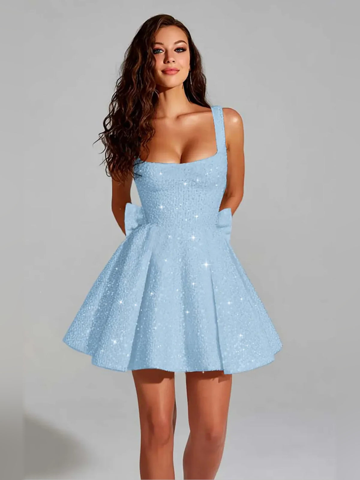 Light Blue mini homecoming dress, alternate view showing the full-length profile