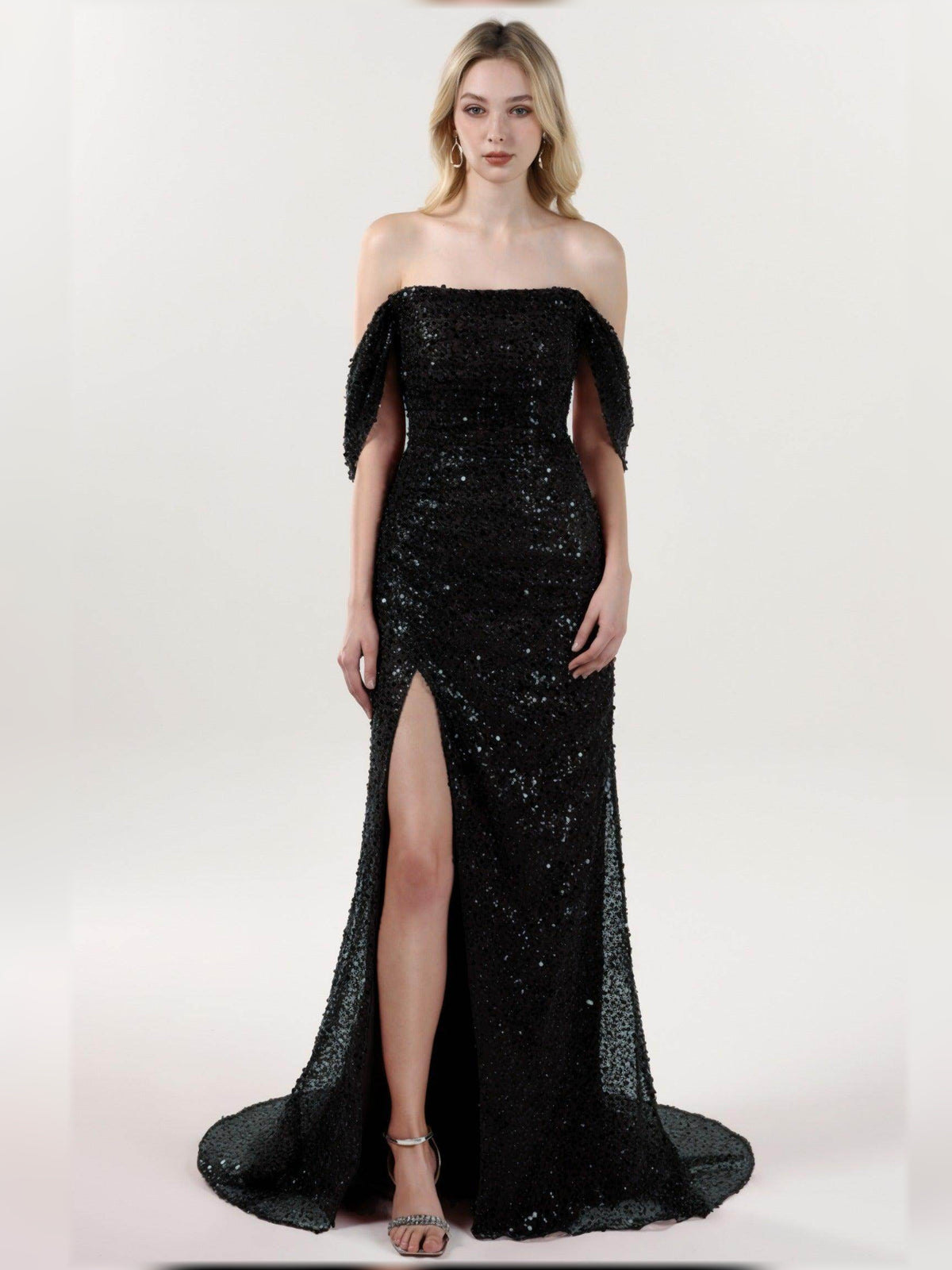 Black sheath floor-length formal dress with draping, alternate view