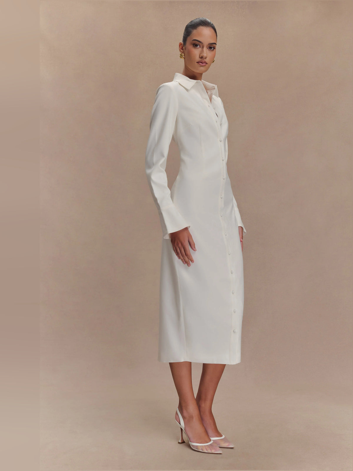 White midi formal dress, alternate view showing the hem