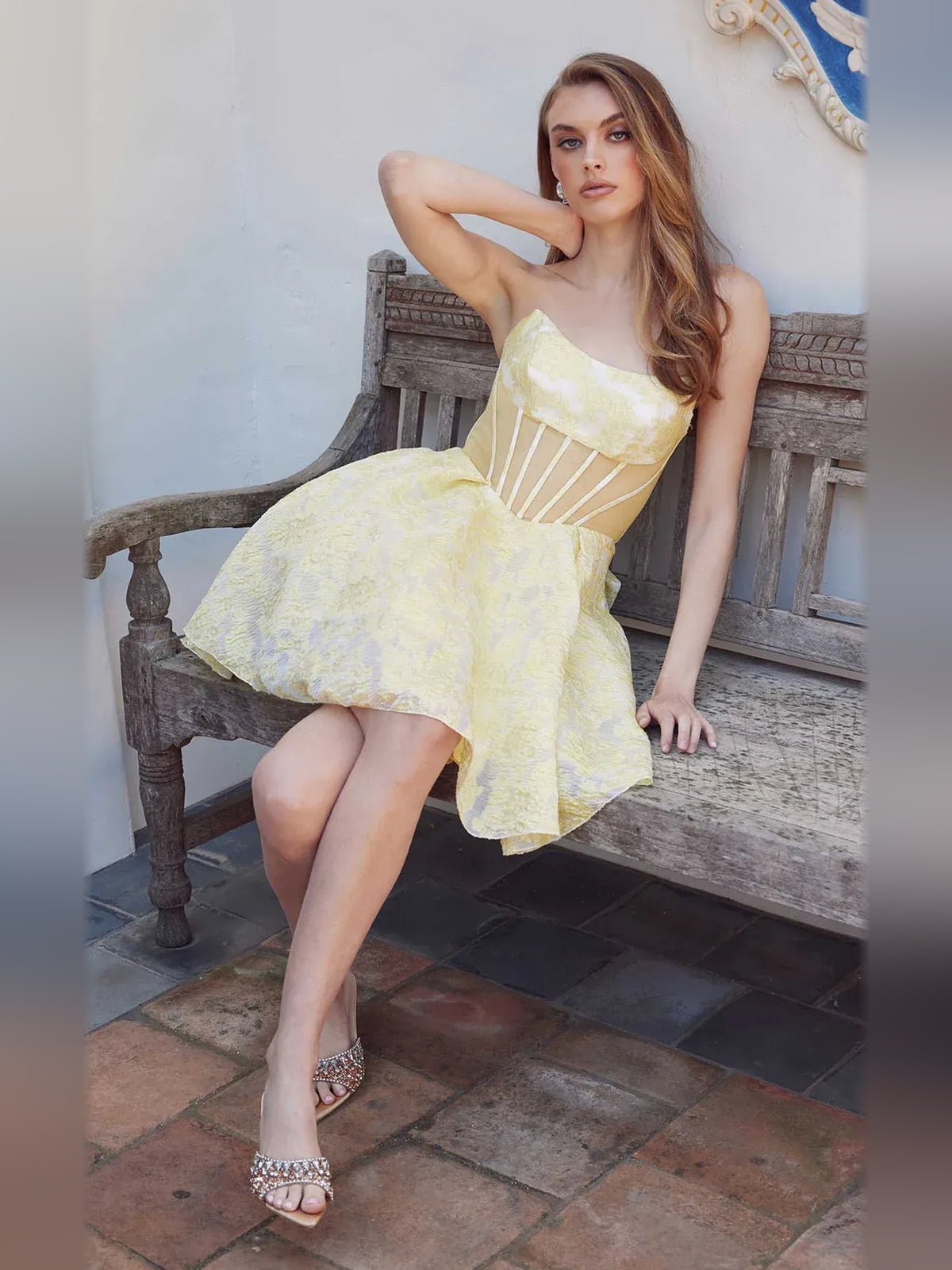 Pink short homecoming dress, alternate view showing the full-length profile