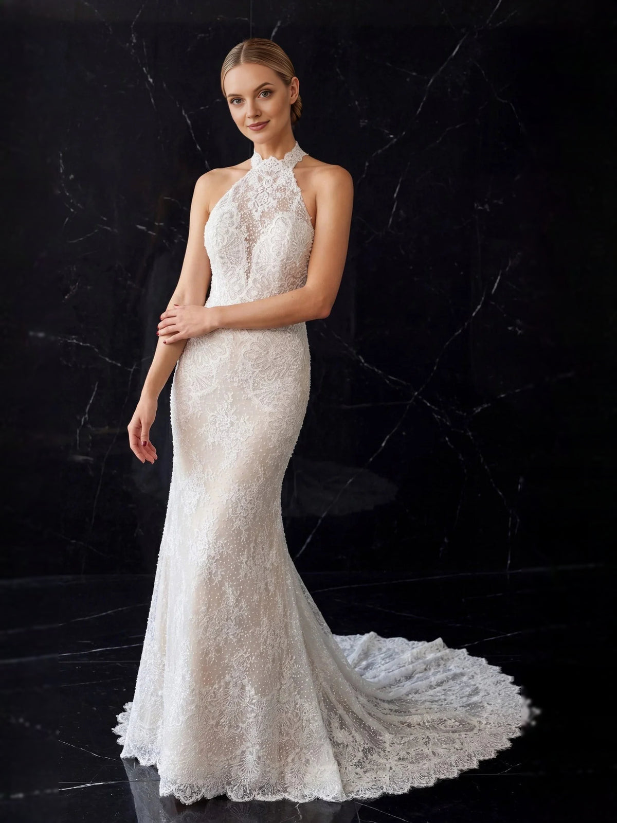 Ivory floor-length wedding dress, alternate view showing the full-length profile