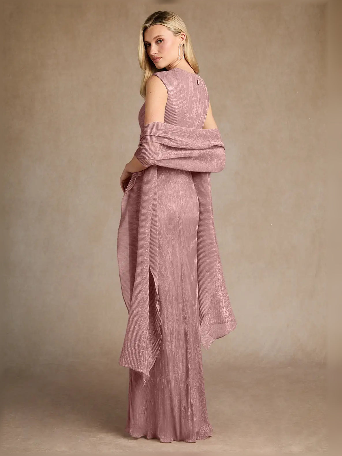 Dusty Rose maxi mother of the bride dress, alternate view showing the full-length profile