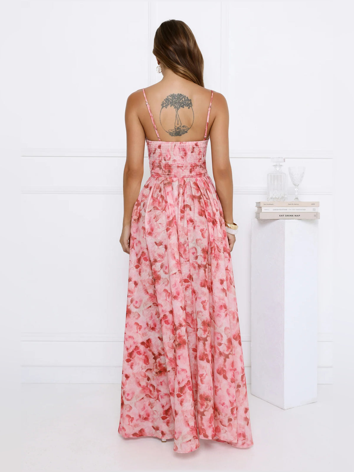 Pink midi formal dress, alternate view showing the hem