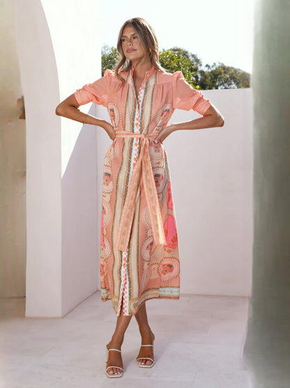 Acacia Palm Melon midi formal dress with printed pattern, alternate view showing the hem
