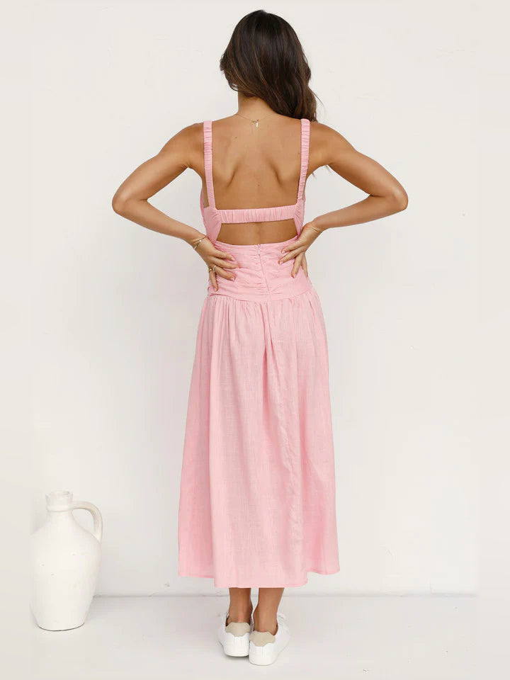 Blush Pink midi formal dress with cutout detail, alternate view showing the hem