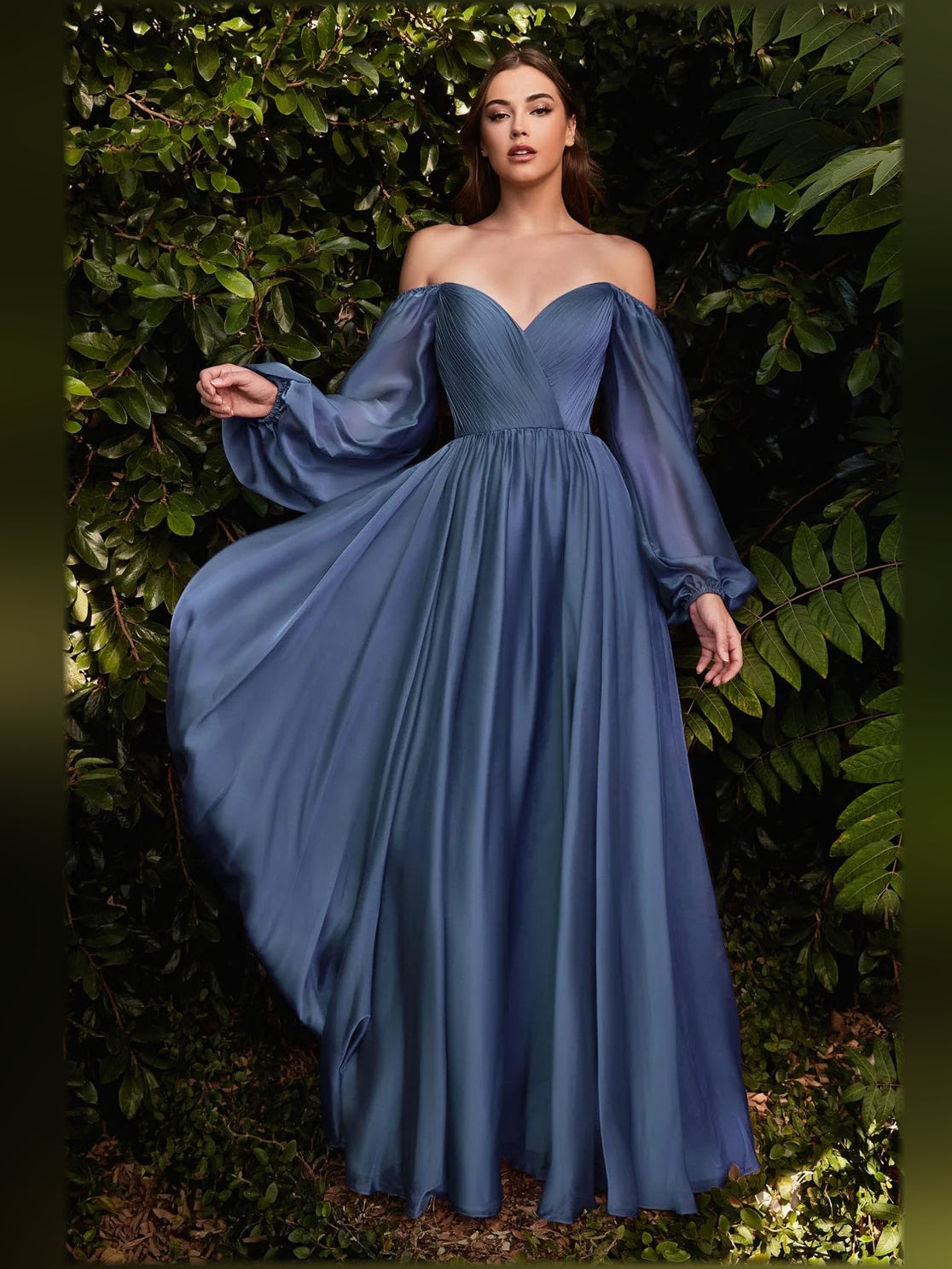 Dusty Blue a-line floor-length formal dress with pleated skirt, alternate view