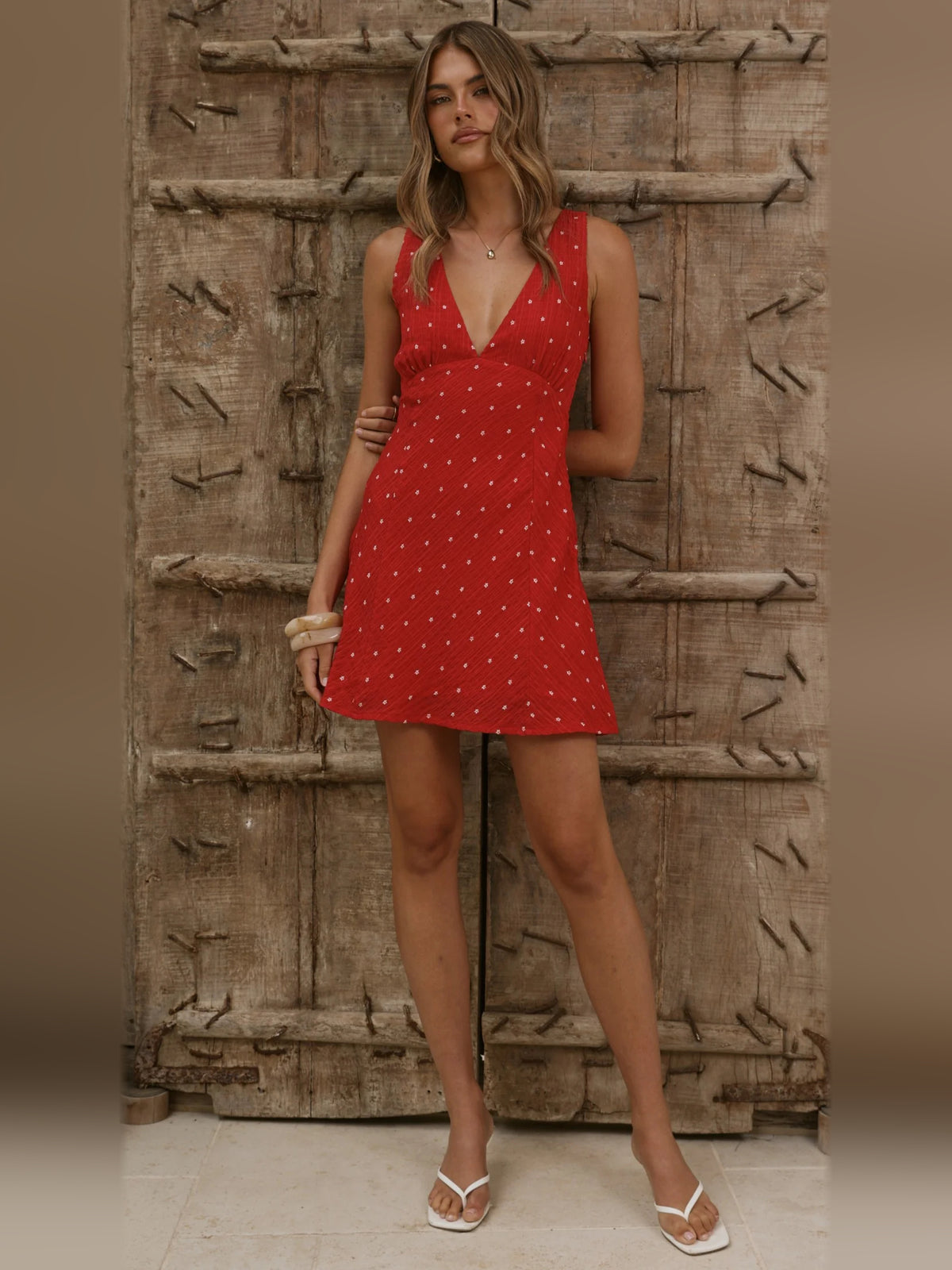 Red Floral mini homecoming dress, alternate view showing the full-length profile