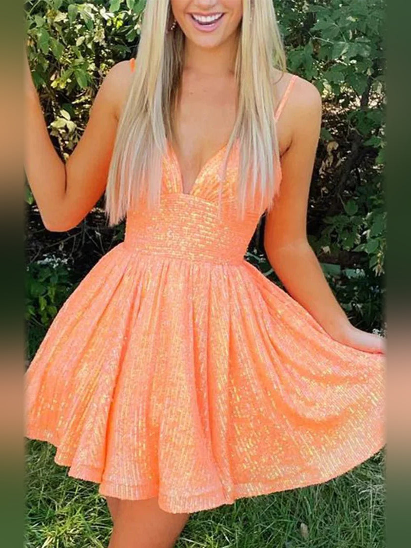 Orange mini homecoming dress, alternate view showing the full-length profile