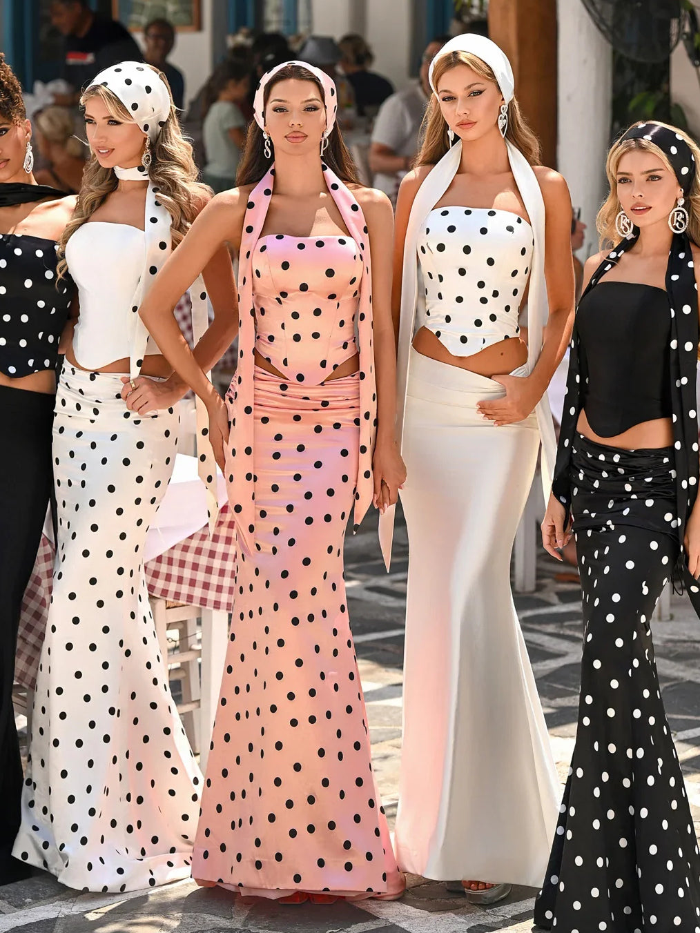 Black White Polka maxi prom dress, alternate view showing the full-length profile
