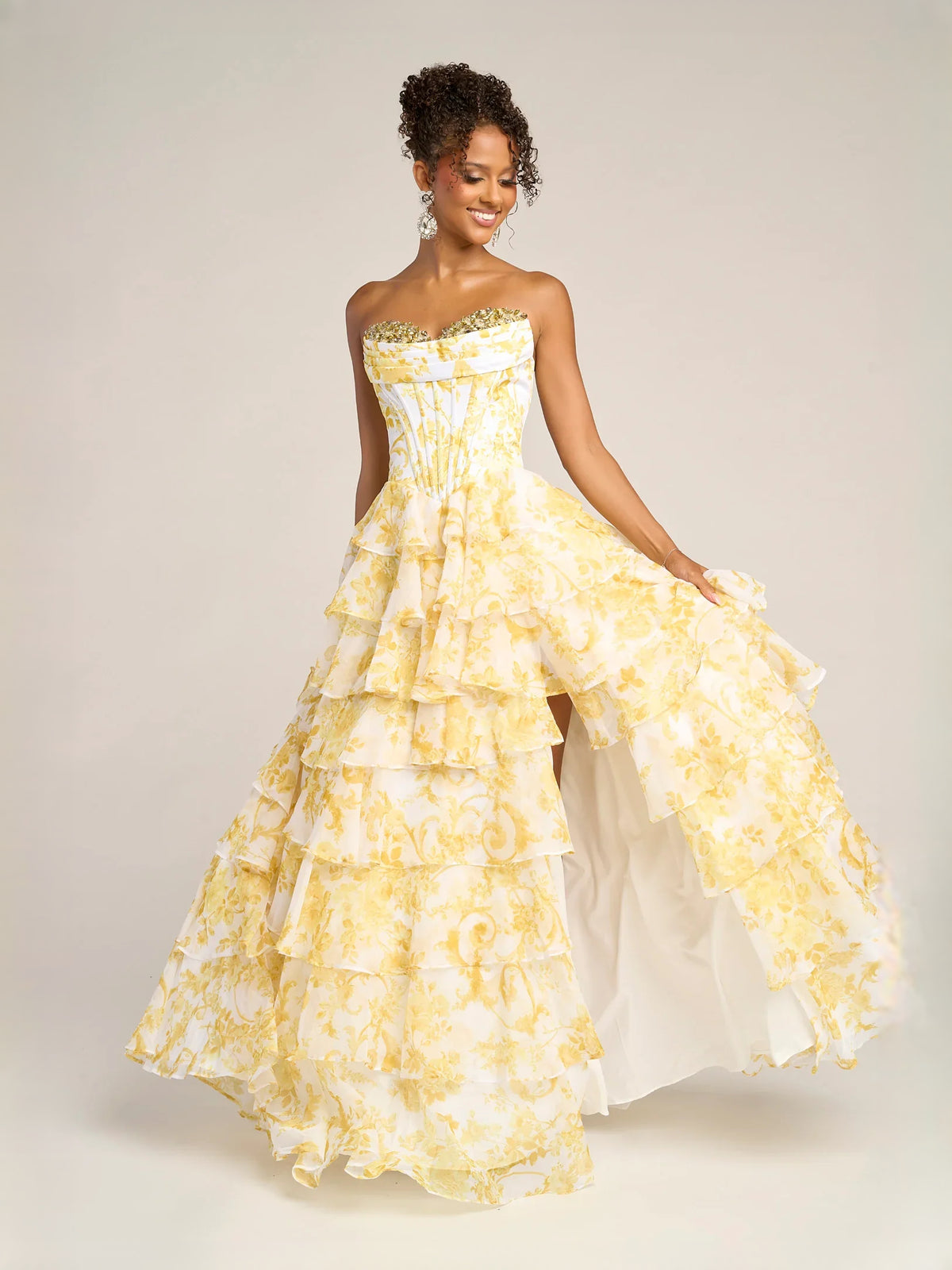Yellow floor-length prom dress, alternate view showing the full-length profile