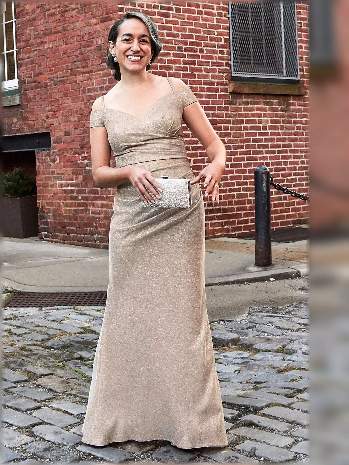 Champagne floor-length mother of the bride dress, alternate view showing the full-length profile