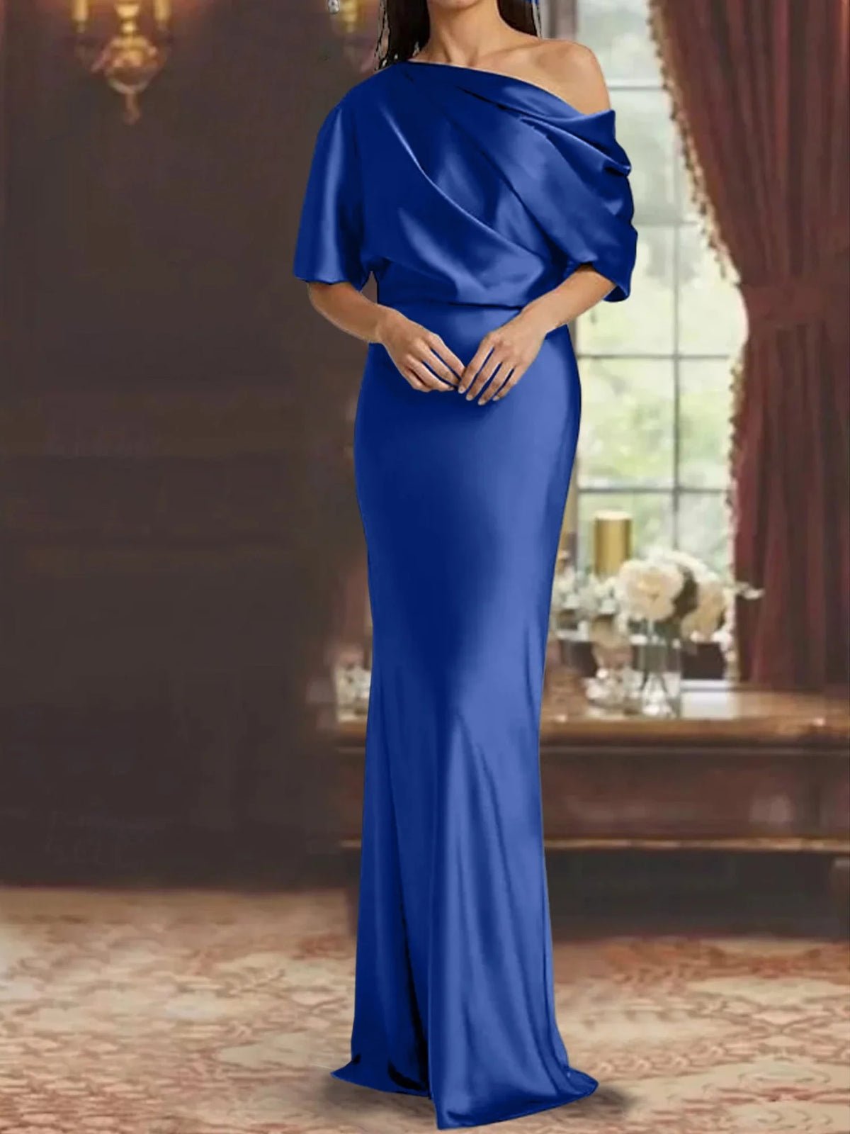 Navy floor-length mother of the bride dress, alternate view showing the full-length profile