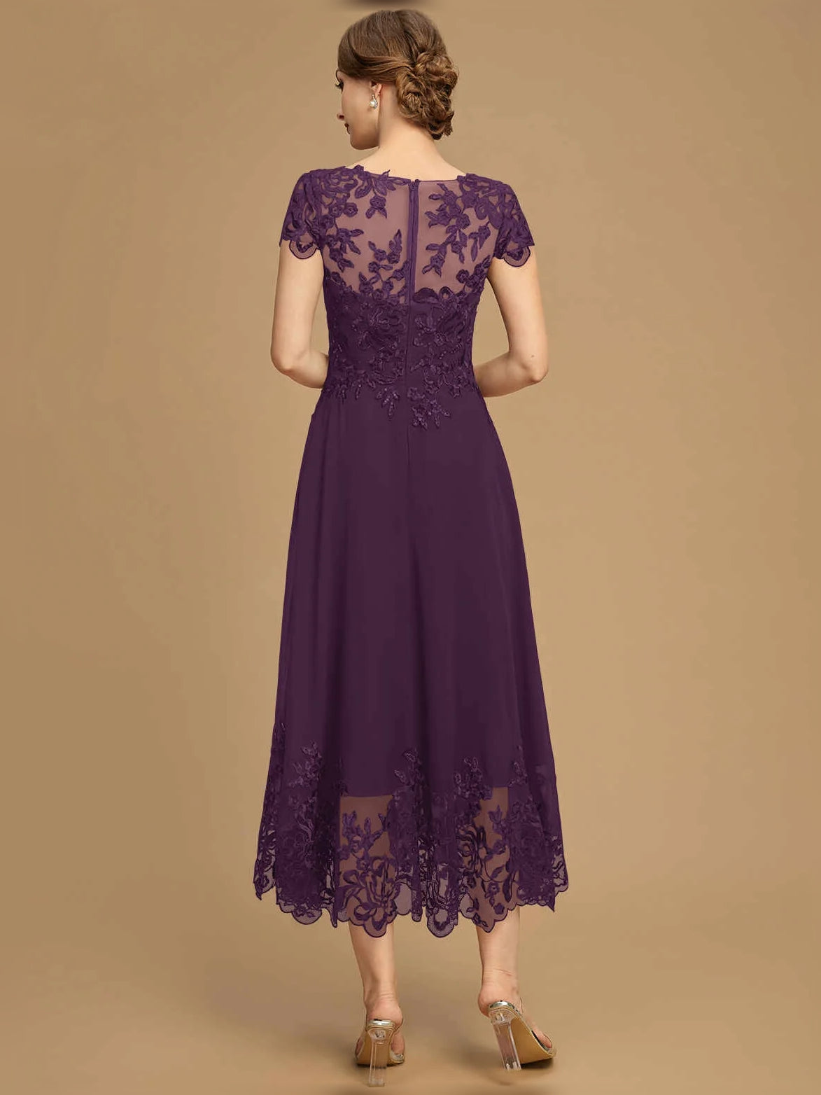Dark Navy tea-length mother of the bride dress, alternate view showing the full-length profile