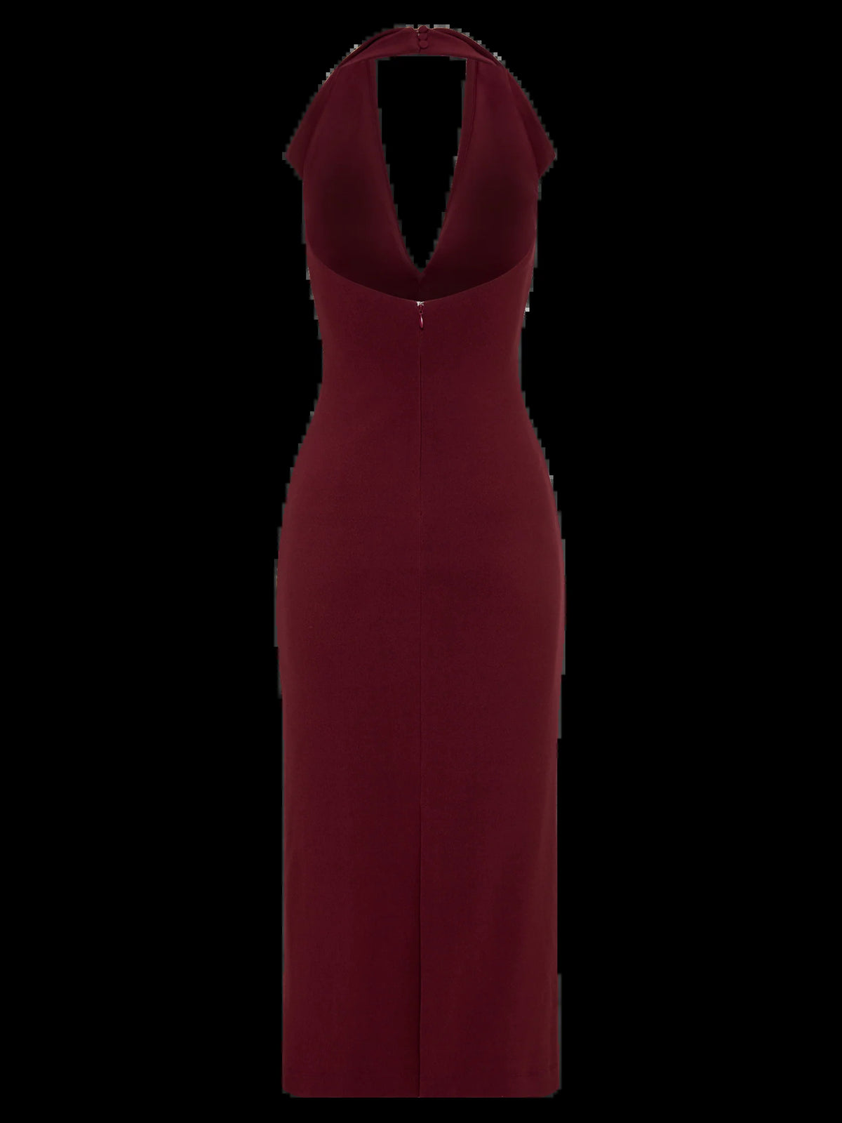 Merlot midi formal dress with halter neckline, alternate view showing the hem