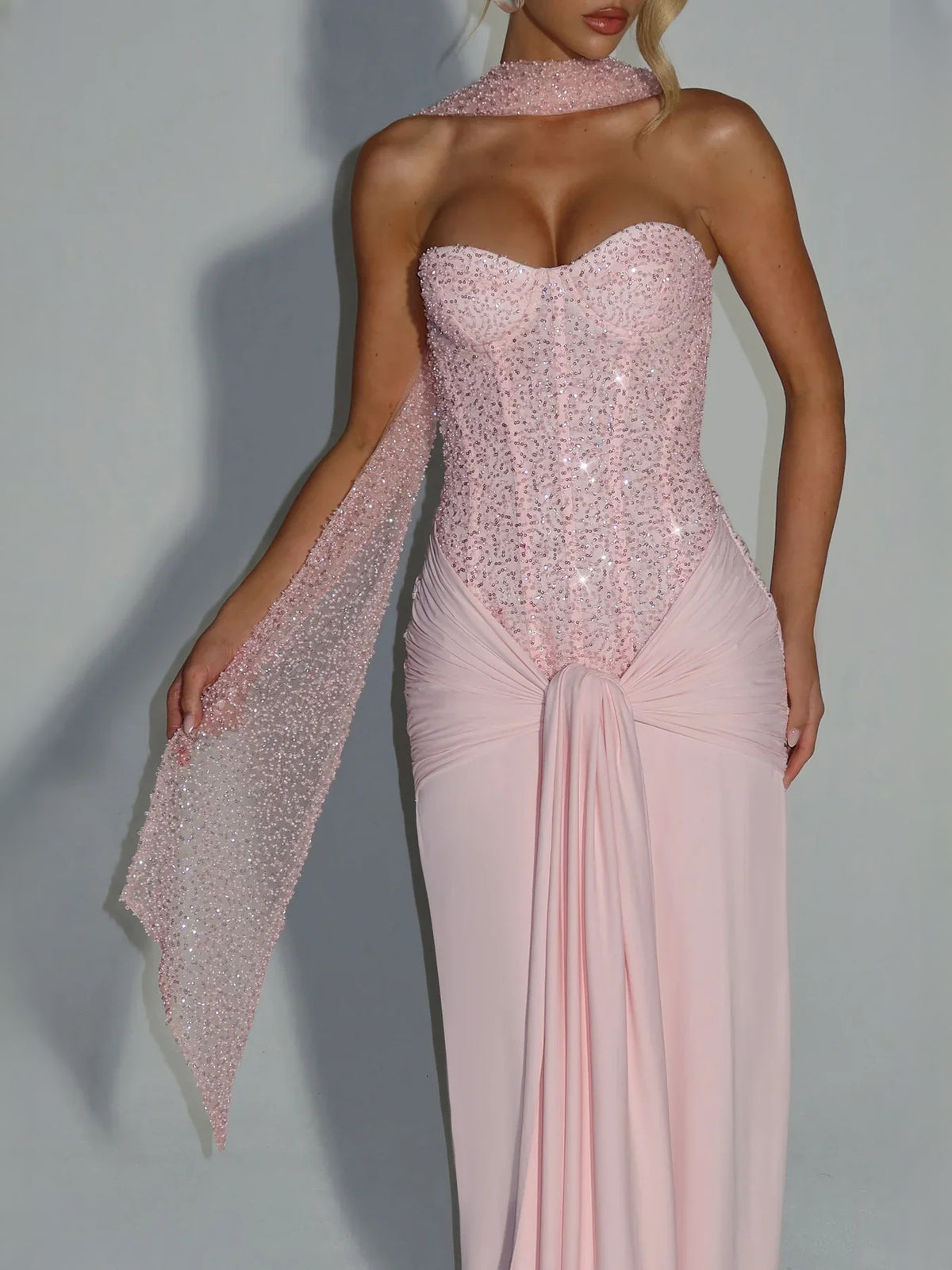 Light Pink maxi prom dress, alternate view showing the full-length profile