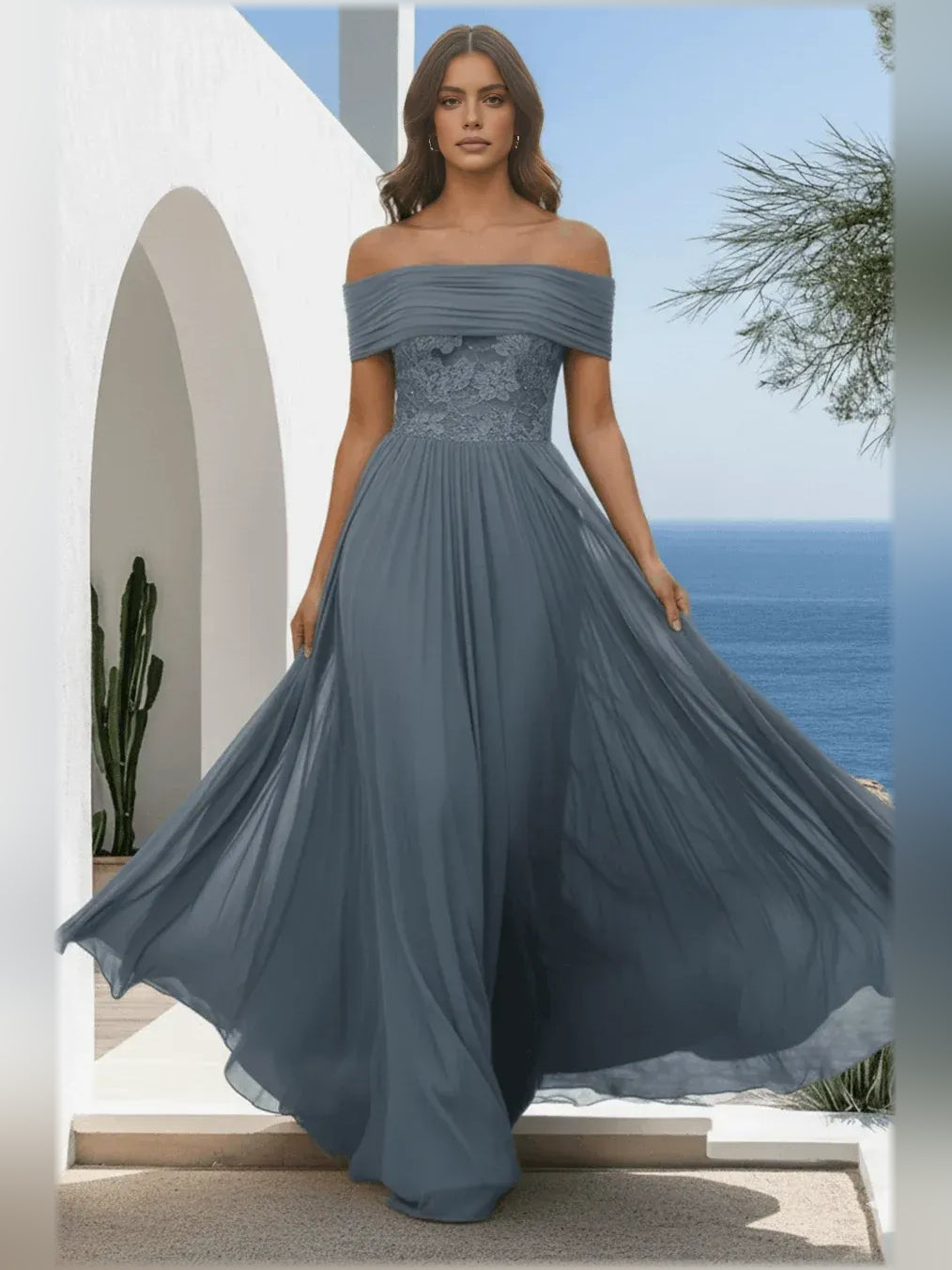 Dusty Blue a-line floor-length formal dress with floral print, alternate view