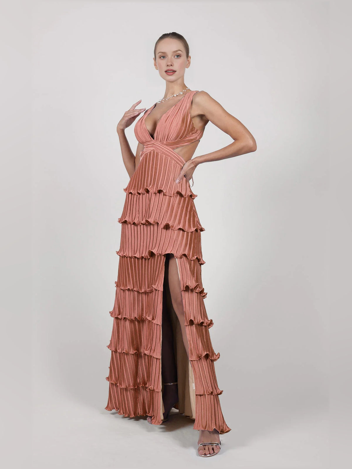 Orange a-line floor-length formal dress with tiered skirt, alternate view