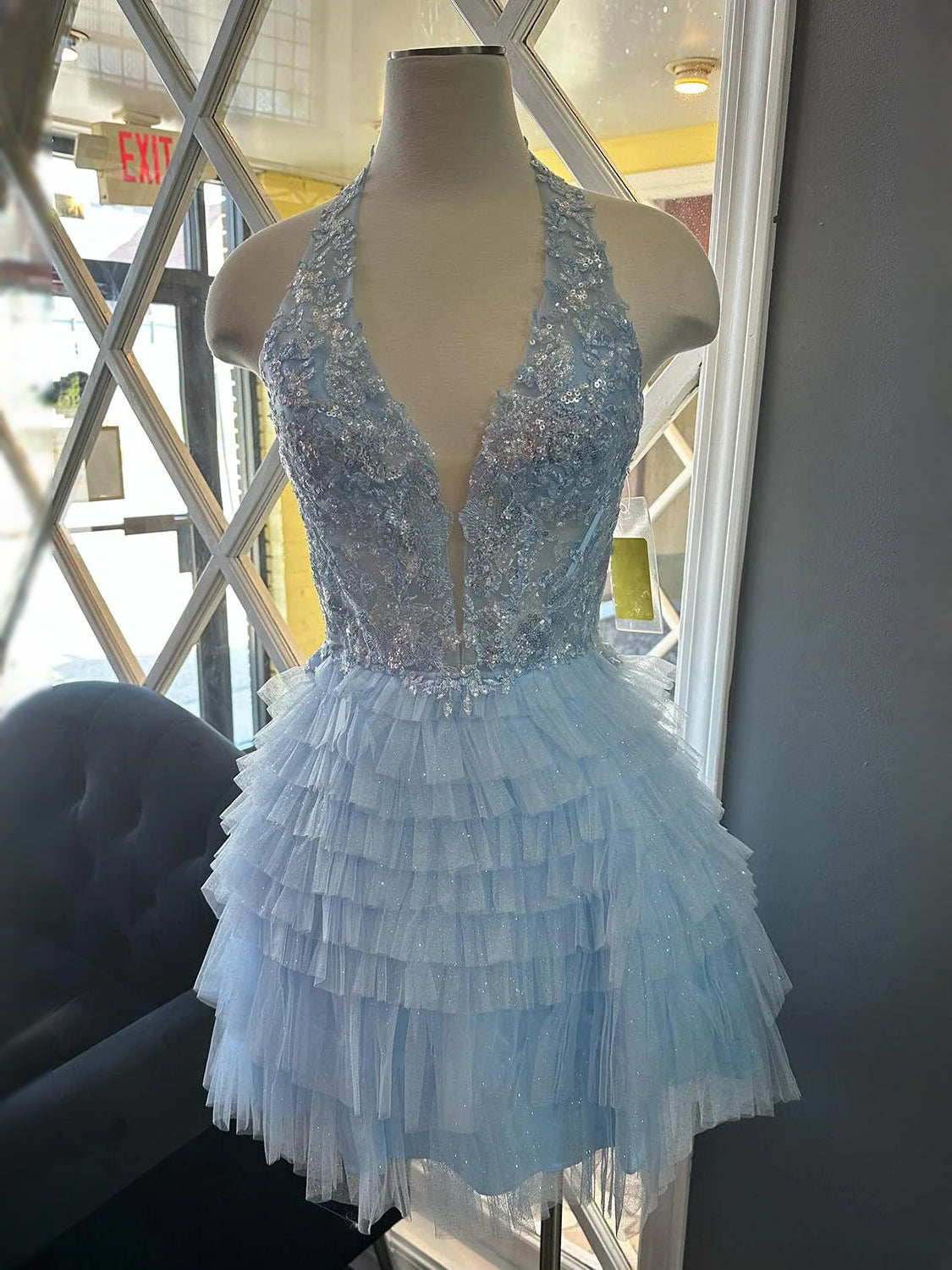 Royal Blue mini prom dress, alternate view showing the full-length profile