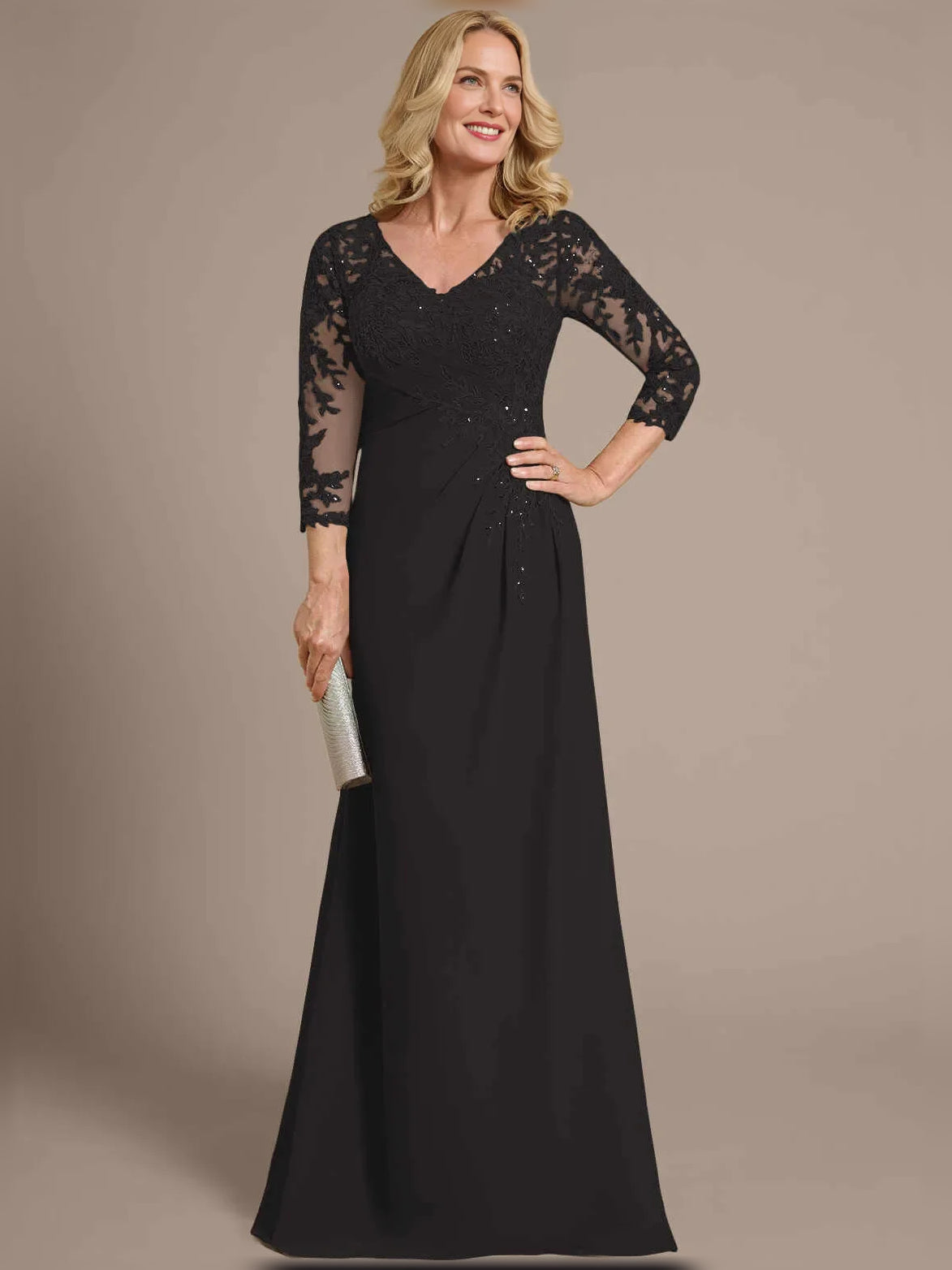 Black floor-length mother of the bride dress, alternate view showing the full-length profile